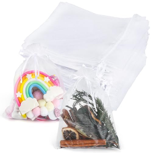 100 Stück Transparente Organzasäckchen, 15 x 20 cm Geschenksäckchen Klein, Säckchen zum Befüllen mit Kordelzug, Organzabeutel für Festival, Party und Hochzeit