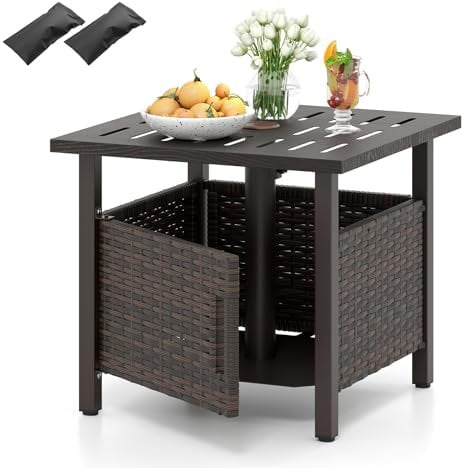 COSTWAY Beistelltisch Outdoor wetterfest, Rattan Gartentisch mit Schirmloch und 2 Sandsäcken, Kleiner Balkontisch, Kaffeetisch für Garten, Balkon, Terrasse, 55,5 x 55,5 x 47,5 cm
