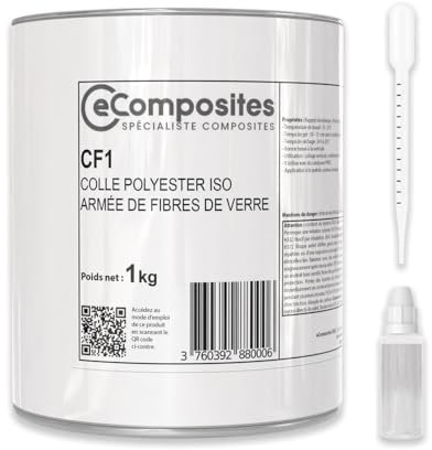 Colle Polyester Fibrée | 1 kg | + Catalyseur PMEC + Pipette de dosage 3 ml, Choucroute Polyester, Mastic Armé de Fibres de Verre pour Réparation, Collage résistant Bateau, Picscine, Bois