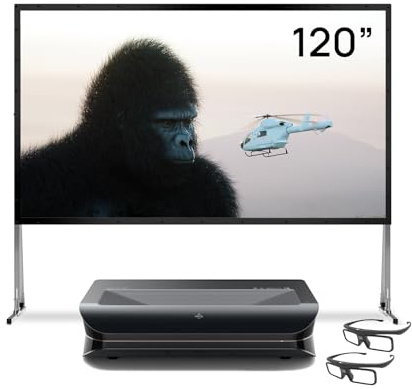 AWOL VISION LTV-3500 Pro Bundle with 120 Folding Outdoor Screen with Stand and 3D Glasses (2-Pack), 4K UHD HDR10+ Dolby Vision Ultra Short Throw Triple Laser Projector, 3000 ISO Lumens