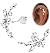 LOYALLOOK 925 Sterling Silver Post Flat Back Stud Earrings for Women Hypoallergenic | Silver Plated Cartilage Earrings for Sensitive Ears | Leaf Climber Helix Conch Tragus Piercing Jewelry for Mother's Day