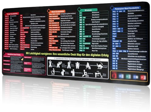 Excel Mauspad Deutsch, Mousepad Großes 900x400mm Mousepad Mit Excel Shortcuts Deutsch, Gaming Mauspad XXL Excel Schreibtischunterlage für Büro & Zuhause, Windows & PPT, Verbessert Geschwindigkeit