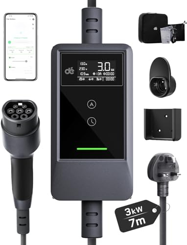 dé EV Charger 3 Pin Plug 7m with App, 3kW 6-13A Granny Charger with IP66 & Type A RCD Protection, Adjustable 3 Pin EV Charger, Electric Car Charger for Model Y/3, Q4, Enyaq and other Type 2 EVs/PHEVs