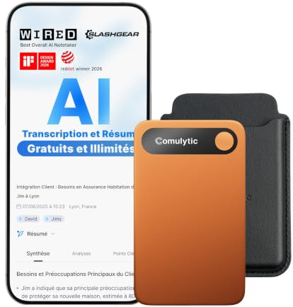 Comulytic Note Pro Enregistreur Vocal IA, Dictaphone IA avec Transcription | Résumé Illimités, Contrôle par App, 113 Langues Conçu pour Conférences, Réunions et Appels, avec Étui, Orange