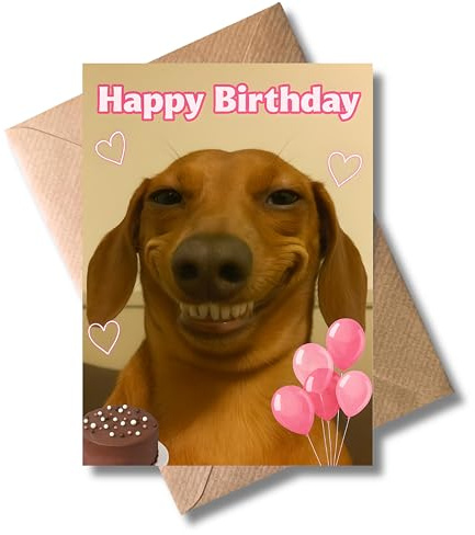 WBdesignz Lustige Geburtstagskarte mit Umschlag - mit fröhlichem Dackel, rosa Ballons & Schokoladenkuchen - Humorvolle Glückwunschkarte für Hundebesitzer, Freunde & Familie zum Geburtstag (DIN A6)