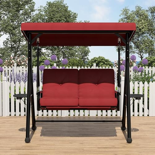 Columpio de Hollywood de 2 plazas con toldo solar ajustable y estructura de soporte, columpio de jardín con cojín extraíble, portavasos y mesa plegable, repelente al agua para terraza jardín balcón