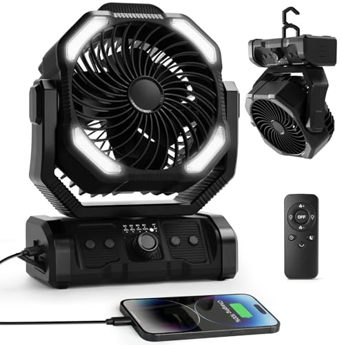 ELZO Ventilatore da campeggio da 20000 mAh con luce LED, ventilatore portatile ricaricabile da scrivania/tenda/USB con telecomando e gancio, rotazione della testa di 270°, velocità continua, con