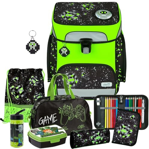 Pridera Scooli Schulranzen Jungen 1.Klasse EasyFit (8tlg. Set mit Sporttasche, Brotdose und Trinkflasche, Space Robot)