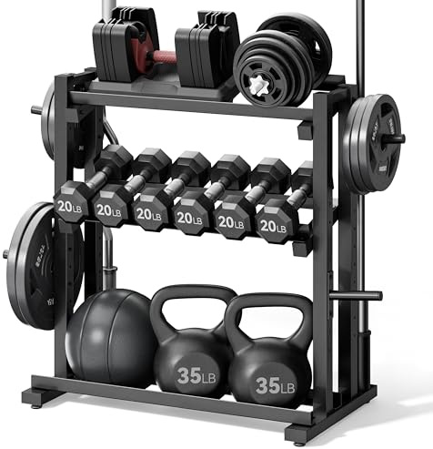Adjustable Weight Plate Rack for Home Gym, 1200LBS Heavy Duty Weight Storage Rack with Dumbbell & Kettlebell Holder, Olympic Weight Tree with Adjustable Width Height & Angle