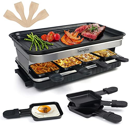 HengBO Raclette Appareil Raclette Grill 4 6 8 Personnes Machine Fondue Electrique Raclettes 1500 W avec Anti-adhésives de Poignées 8 Mini Poêles, 4 Spatule en Bois