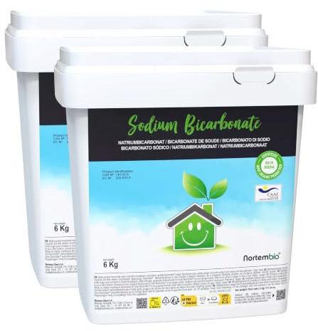 Nortembio Bicarbonato Sódico 2 x 6 kg Bicarbonato de Sodio Limpieza Sin Aluminio 100% Natural Hogar, Cocina, Baño, Quitamanchas. Incluye eBook con Consejos