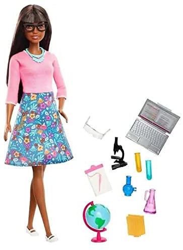 Barbie GDJ35 Brunette Teacher Doll with 10 Educational Accessories, Including Rotating Globe and Laptop, Toy for Children, GDJ35