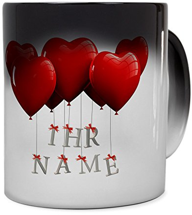printplanet® Zaubertasse mit Namen personalisiert - Magic Mug - Motiv Herzballons individuell gestalten - Zauberbecher, magische Kaffeetasse