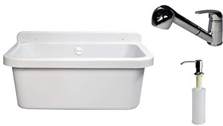Lavabo con rubinetto e dispenser di sapone 55 cm x 34 cm x 21 cm Lavello con troppopieno, lavabo per ambienti commerciali da giardino con granulato di scarico incluso