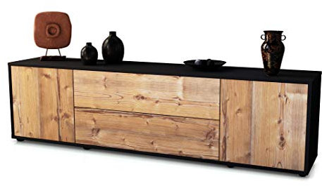 Stil.Zeit TV Schrank Lowboard Tina, Korpus anthrazit matt, Front Holz-Design Pinie (180x49x35cm), mit Push-to-Open Technik & Leichtlaufschienen