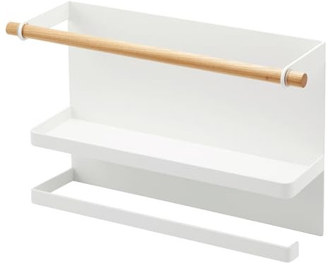 Yamazaki 5087 TOSCA Magnetischer Küchenrollen- & Folienhalter, weiß, Stahl/Holz/Silikon, Minimalistisches Design, 32 x 9,5 x 20 cm (LxBxH)