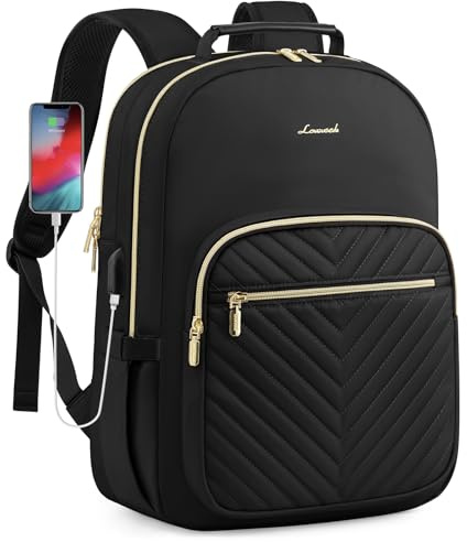 LOVEVOOK Laptop Backpack Purse for Women, Work Travel Computer Bags, College School Backpack for Student Girl, Quilted Casual Daypack with USB Port, Fit 15.6 Inch Laptop, Black