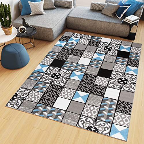 TAPISO Maya Teppich Kurzflor Blau Grau Weiß Schwarz 130 x 190 cm | Wohnzimmer Geometrisch Modern Mosaik Karo Floral Streifen Schlafzimmer oeko-tex