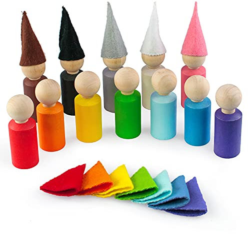 Ulanik Kleine Steckpuppen mit Hüte Montessori Spielzeug ab 3 Jahre + Baby Waldorf Puppen Sensorik Holzspiele zum Zählen und Sortieren Farben Lernen — 12 Zwerge