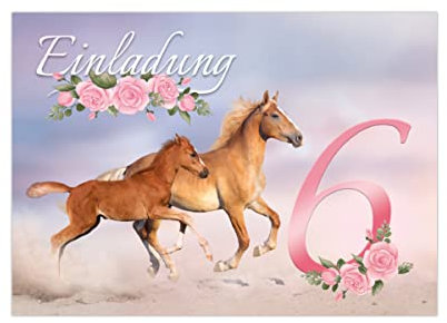 Junapack 12 Einladungskarten zum 6. Kindergeburtstag sechste Geburtstag Mädchen Pferd mit Fohlen