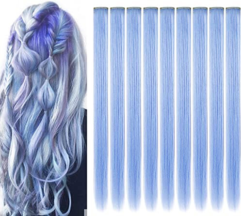 MQY COLOR 9PCS 21''Farbige Haarschmuck Perückenteile Clip in Farbige Haarverlängerungen für Mädchen Highlights Synthetische lange gerade bunte Haarteile für Kinder Frauen(Dunst blau)