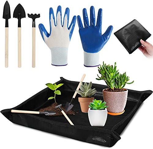LGZIN wasserdichte Gartenmatte, Pflanzunterlage, Gartenarbeitsmatte, Faltbar Pflanzmatte, Umtopfen Pflanzmatte, mit 3pcs Gartengeräte, 1 Paar Handschuhe, für Umtopf, Sukkulenten, Sämling (Schwarz)