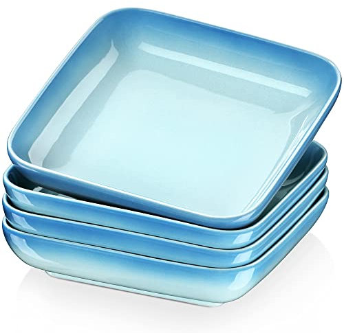 LOVECASA Tafelservice, 4er quadratische Suppenteller Set aus Steinzeug, Tiefteller Set für 4 Personen, Pastateller, 21x 21x H4,6 cm, 1050 ml, Himmelblau