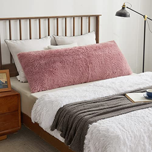 XeGe Housse de coussin en peluche douce, 50,8 x 137,2 cm, grande taie d'oreiller décorative en fausse fourrure de style bohème pour chambre à coucher, canapé, taie d'oreiller unie à poils longs, rose