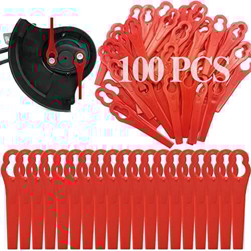 Xerteam 100 Pcs Garden Mower Replacement Blades, 83 mm Plastic Grass Trimmer Blades, Lawn Mower Accessories Tool Cordless Strimmer Cutting Blades Red 2-2 Bosch Red