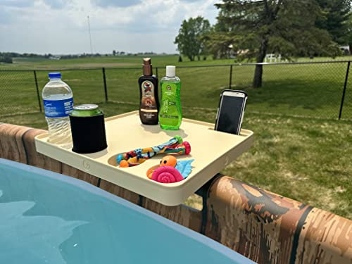 Mermaid Gear Poolside verstellbares Tischtablett für oberirdische Pools – Getränke- und Snackhalter im Freien mit 4 Becherhaltern, Telefonschlitzen, tragbarer Terrassen-Barständer, UV- und
