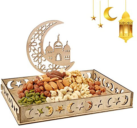 IWTBNOA Plateau en Bois Eid Mubarak, Ramadan Mubarak Plateaux, Plateau À Dessert Ramadan, Plateau à Dessert En Bois Eid Mubarak, Ramadan Vaisselle Étoile de Lune, Plateau en Bois Ramadan (Style B)