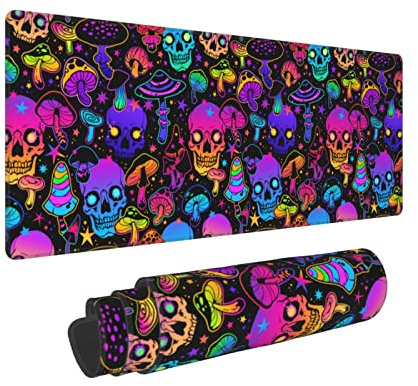 Totenkopf und Pilz Gaming Mauspad XXL Große Schreibtischunterlage Erweitertes Mousepad Große wasserdichte Tastatur-Pads mit rutschfester Gummiunterseite und genähtem Rand für Computer Büro Zuhause