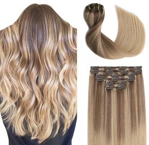 Sindra Clip in Extensions Echthaar Balayage Ashblond bis Bleach Blonde Clip in Natürliche Remy Extensions Echthaar 45cm 120g 6pcs Haarverlängerung C#10/16/16 18 Zoll