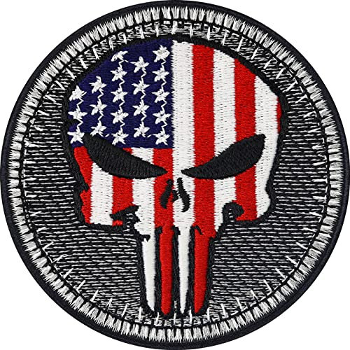 Biker Patches Aufnäher American Biker Punisher Patch zum aufbügeln/aufnähen | Biker Kutte Applikation für alle Stoffe | Amerika Flagge USA Aufbügler Accessoires | 75x75mm