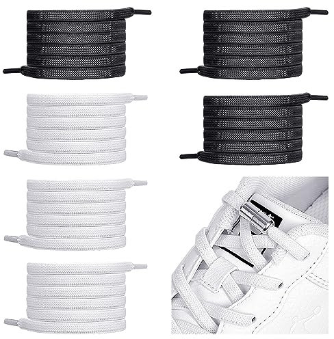 Anshuke 6 Pares Cordones Elásticos Sin Lazo - Planos Universales Para Niños Y Adultos, Sin Nudo Con Hebilla Metal, Para Zapatillas de Deporte (3 Blanco+3 Negro)