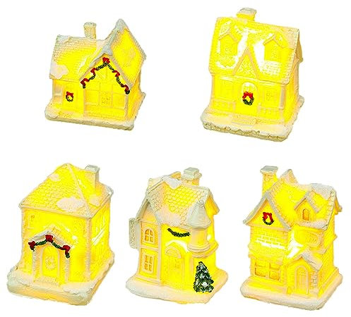 5 Stück Weihnachtsdeko Weihnachtsdorf Häuser mit Beleuchtung, Weihnachtshäuser, Weihnachtshaus Beleuchtet Winterdorf Winterlandschaft Weihnachts Häuser, Christmas Village Weihnachtsdorf,Weiss (A)