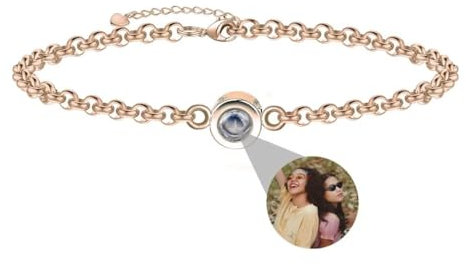 Foto Armband Personalisierte Projektion Armband mit Bild im Stein Rund 100 Sprachen Lupe Verstecktem Fotoarmband für Damen Frauen Mutter Denkmal Weihnachten Freundschaft Geschenk Silber Rose Gold