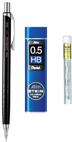Pentel Orenz Druckbleistift – 0,5 mm schwarzer Schaft + Ain Stein Nachfüllminen 0,5 mm HB + Nachfüllradierer