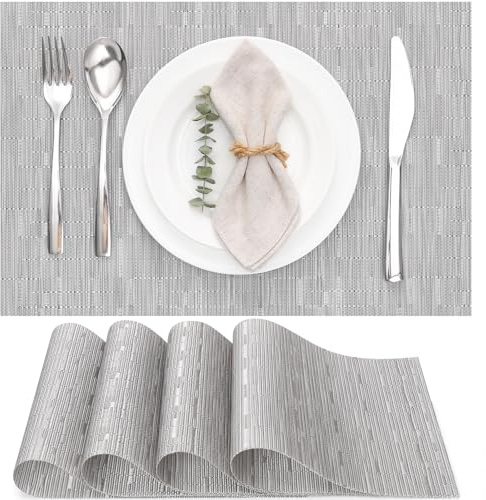 Myir JUN Tischsets abwaschbar Tischsets Platzsets abwaschbar Platzdeckchen | Gewebte Platzset 4er Set rutschfest hitzebeständig Vinyl für Küche Speisetisch Hotel Platz-Matten 30x43.5cm (Silber)