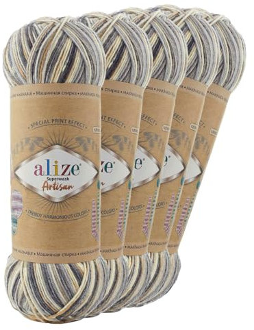 5 x 100g Sockenwolle Alize Superwash Artisan 75% Wolle Strickwolle Häkelgarn Farbwahl, Farbe:9005 Schattenmond