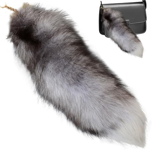 Falscher Schwanz, Fuchsschwanz 15,75 Zoll Tier Schwanz zotteligen Kunstfell Schwanz realistische Fuchs Schwanz Schlüsselbund Dekorativ Therian Schwanz für Handtasche Rucksack Cosplay, Silber