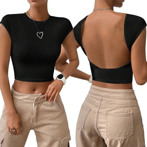 Risipu Women's Sexy Backless Crop Top Low Open Back Short Sleeve Slim Fit Crewneck Summer Y2k Going Out T-Shirts 2025 (UK, Alpha, M, Regular, Regular, Black)