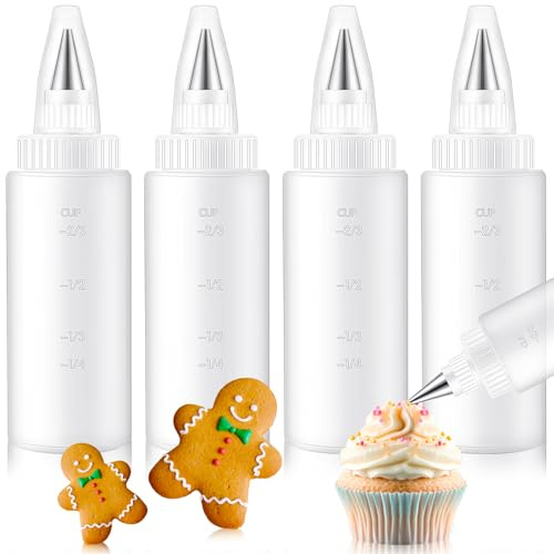 Yiyiring 4 Pcs Plastic Squeeze Bottles for Cookie Icing Bottles 4 oz Cookie Decorating Supplies Squeeze Applicator Bottles Squeeze Writer Bottles for Food Coloring Frosting Pancake Arts