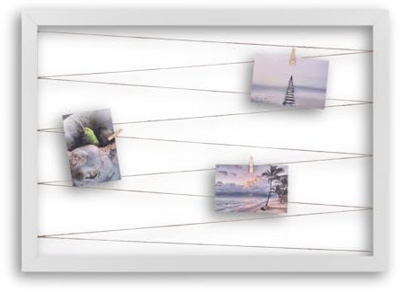 CLAMARO Collage Line - Portafoto 70 x 50 cm, bianco opaco, formato orizzontale con filo di iuta e clip di legno, ideale come galleria di collage fotografico, parete fotografica o cornice