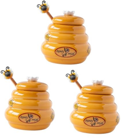DECHOUS Sets Honey Pot Dipper Set Ceramic Honey Jar Lid Wooden Dipper for Kitchen and Dining