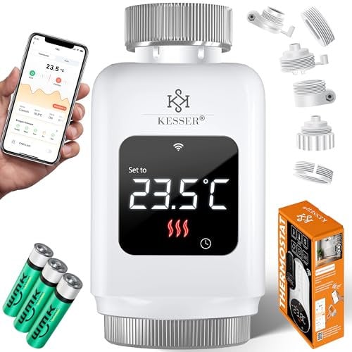 KESSER® Thermostat de Radiateur - 4 Set | Thermostat de Chauffage WLAN avec Commande App Smart Home | Thermostat Alexa, Google Assistant avec 6 Vannes de Radiateur - Angle/Blanc