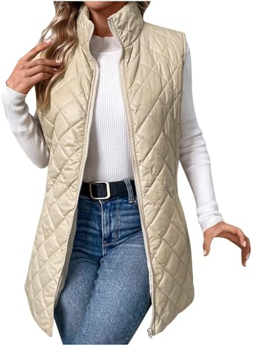 OVARA Women's Quilted Gilet Longline Stand Collar Lightweight Zip Padded Vest Thermal Comfy Casual Plain Puffer Gilets Ladies Body Warmers Long Sleeveless Jacket