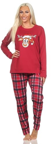 Normann Damen Langarm Weihnachts Schlafanzug Pyjama mit lustigen Renntier Motiv, Farbe:rot, Größe:44-46