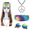 LIURFLNC 4er Set Hippie Kostüm Herren, Hippie Perücke Sonnenbrille Peace Halskette Anhänger Batik Stirnband Accessories, Fasching Kostüm 80er 90er Mottoparty Halloween Fasching Karneval