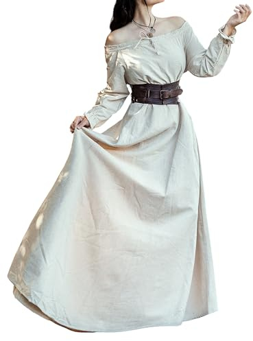 Leonardo Carbone® Damen Kleid Mechthild | Tunnelzug-Details | Mittelalter-Inspiration | Karneval, Halloween, Cosplay, LARP, Kostüm, Gewand, Festkleidung | 100% Baumwolle Hanf L